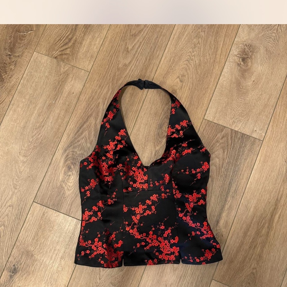 Floral Black and Red Halter Top